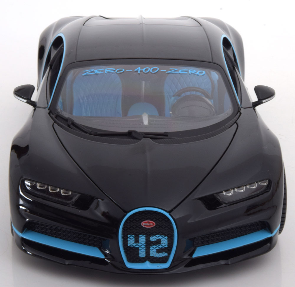 Strassen-Fahrzeuge Bburago 1:18 Bugatti Chiron Zero-400-Zero record Montoya 2017 schwarzmetallic/hellblau  www.modelissimo.de